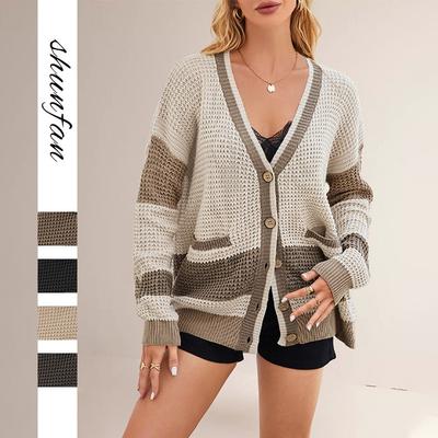 Women's Clothing Autumn and Winter New Hot-selling Knitted Jacket V-neck Large-size Pocket Color Matching Cardigan Sweater Women
