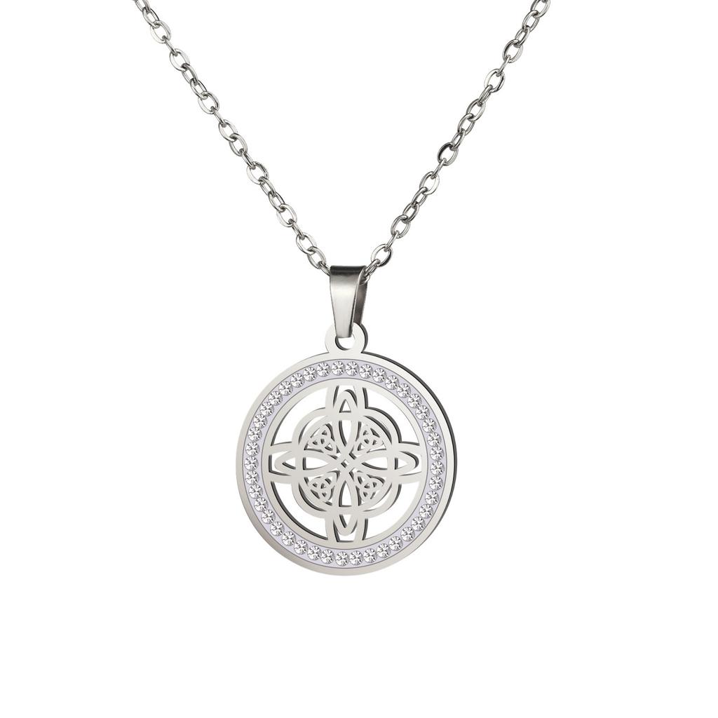Double Layer Titanium Steel Miko Knot Pendant Necklace with Circle Diamond Accents Simple Fashion Jewelry