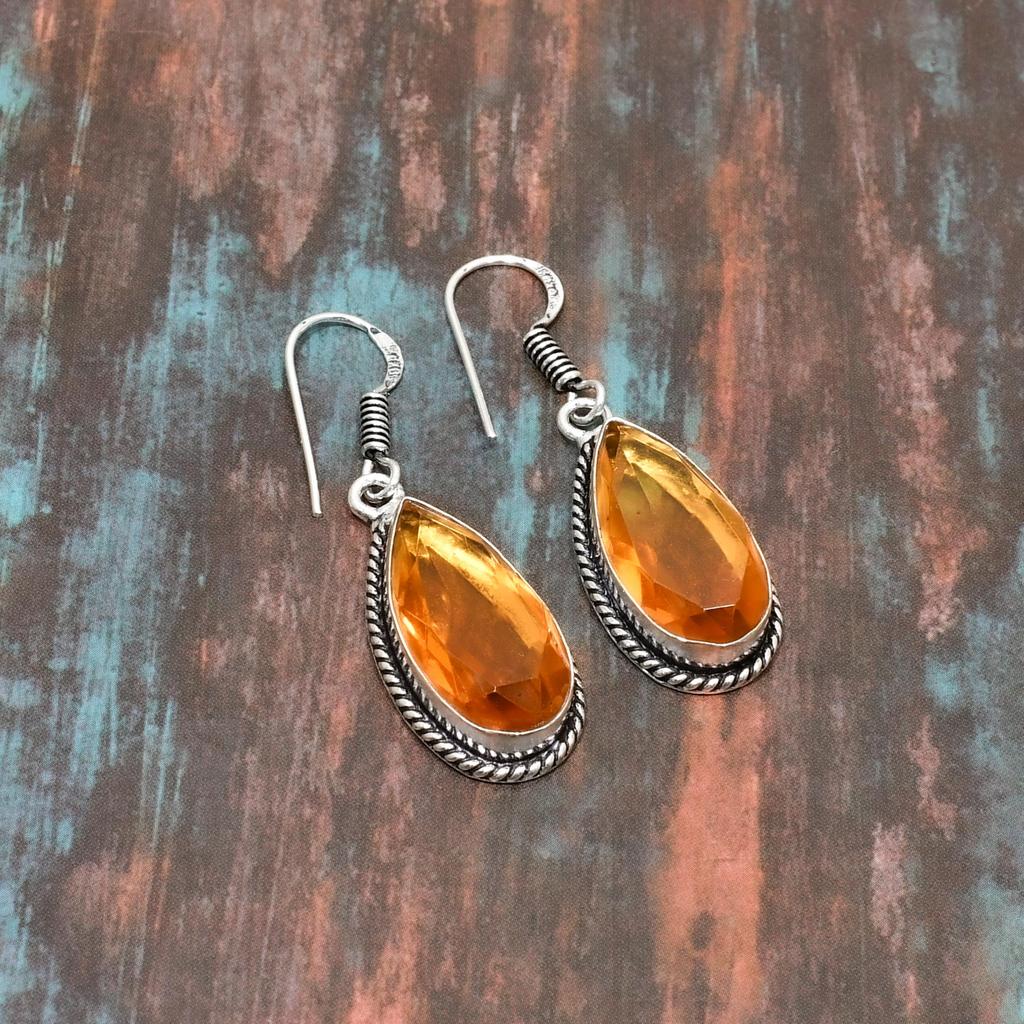 Citrin, Ädelsten Handgjord Solid 925 Sterling Silver Smycke Örhänge