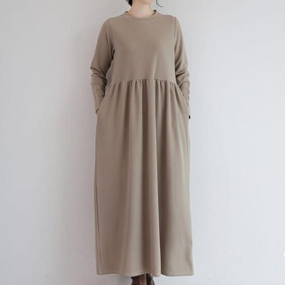 Navava Women Shirred Loose Fit Round Neck Long Sleeve Long Dress No962