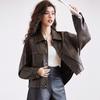 Fashion loose shoulder sleeves black leather jacket spring and autumn new fashion versatile locomotive style leather jacket women