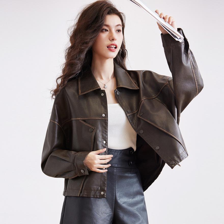Fashion loose shoulder sleeves black leather jacket spring and autumn new fashion versatile locomotive style leather jacket women
