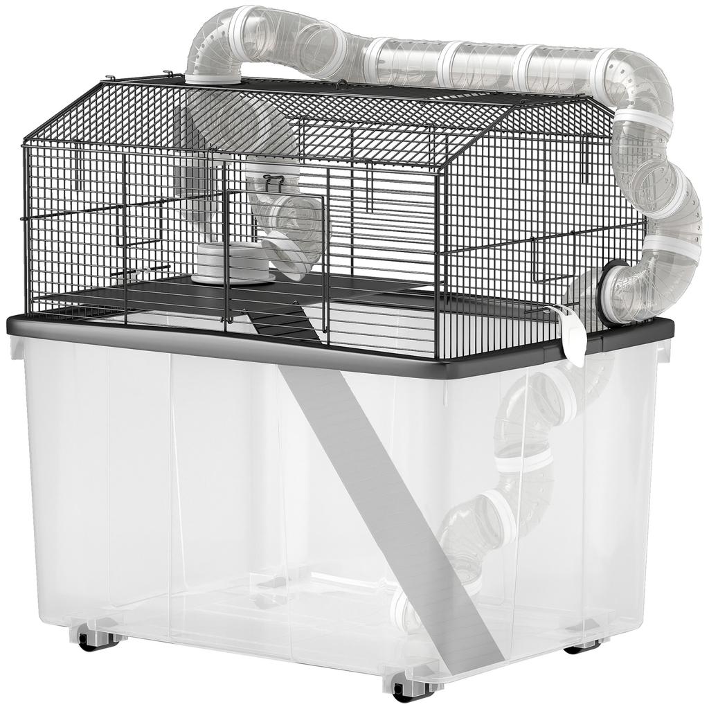 Two-Tier Hamster Cage with Wheels, Tubes, Bowl, Bottle and Ramp, 58x43x57 cm, Black
