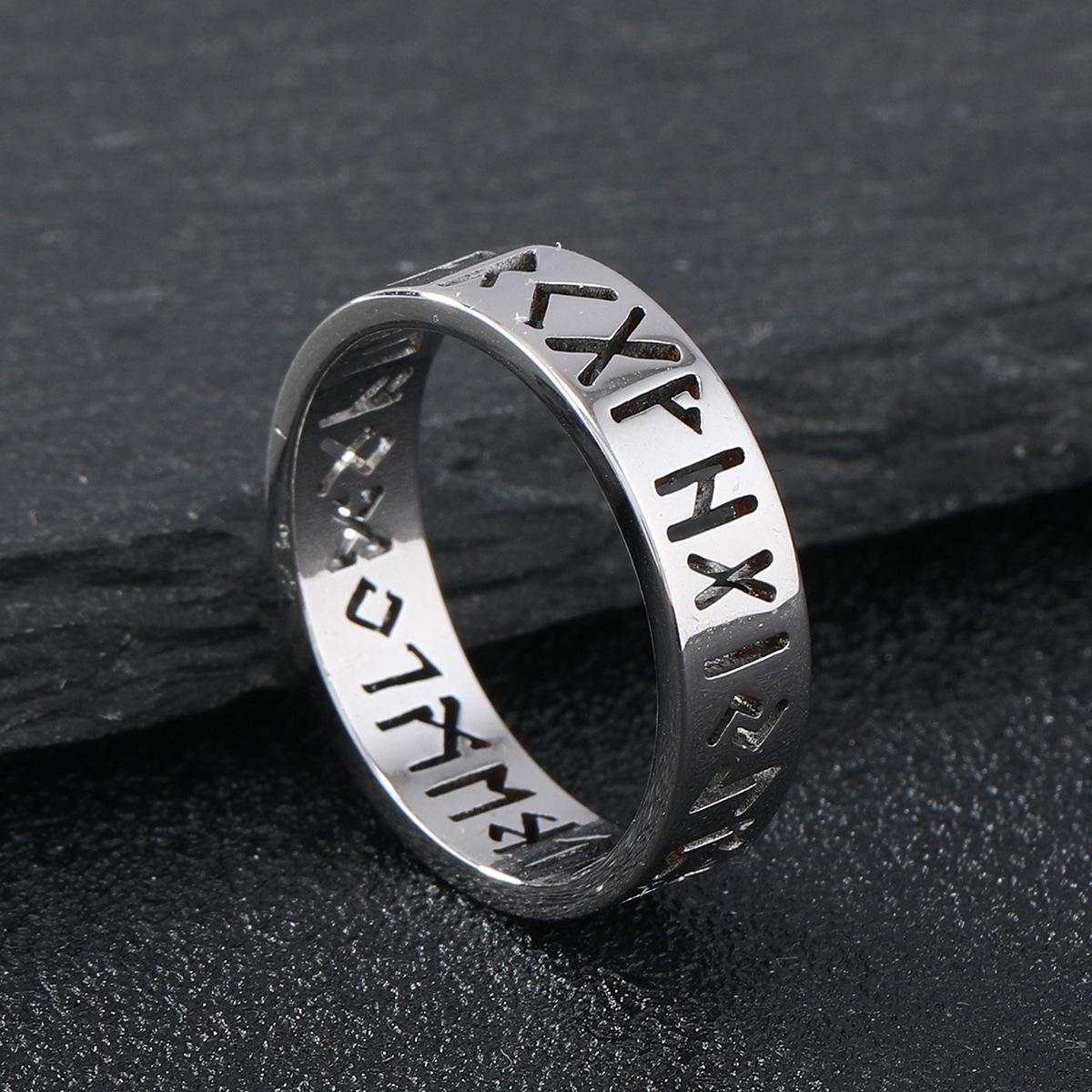 Nordic Rune Laser-Cut Titanium Steel Viking Ring Size 8