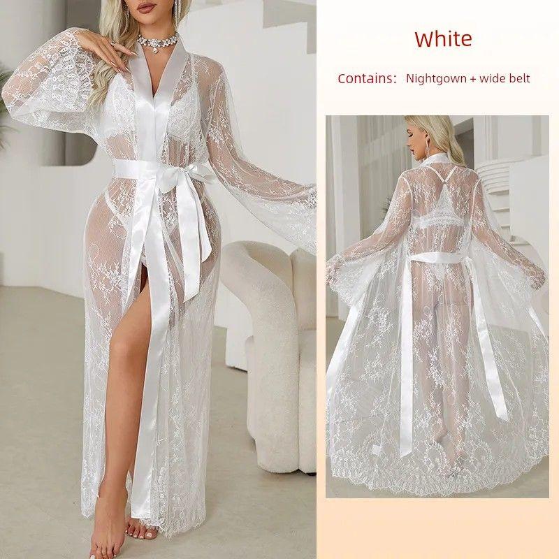 

2025 New Arrival Fashion Wind Sexy Tulle Nightgown/See-through Bathrobe Transparent Sexy Sleepwear/Long Tie Outerwear Gown 677 White L