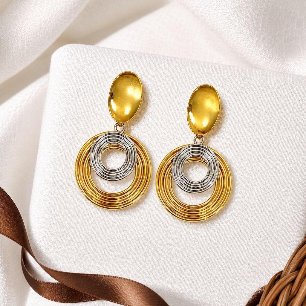Europe & US Bold Multi-Layer Metal Circle Dangle Earrings, Stainless Steel Fashion Statement