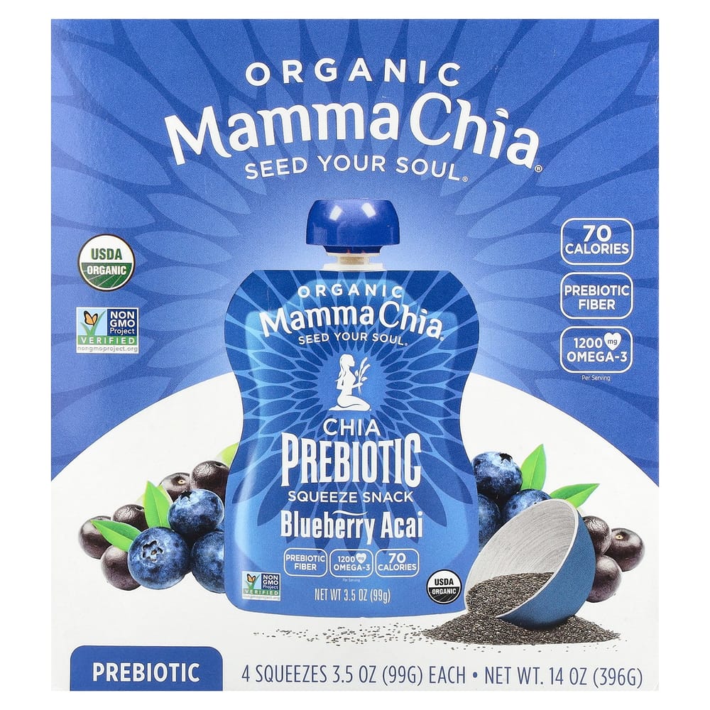 Mamachia Chia Prebiotic Squeeze, Blueberry Acai Flavor, 4-Pack (99g/3.5oz Each)
