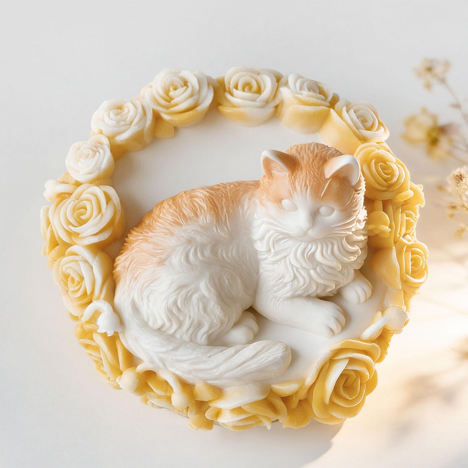 3D Rose Bed Cat Silicone Candle Mold Cat On Rose Bed Chocolate Molds DIY Animal Sculpture Aromatherapy Candle Making Molds China Mainland