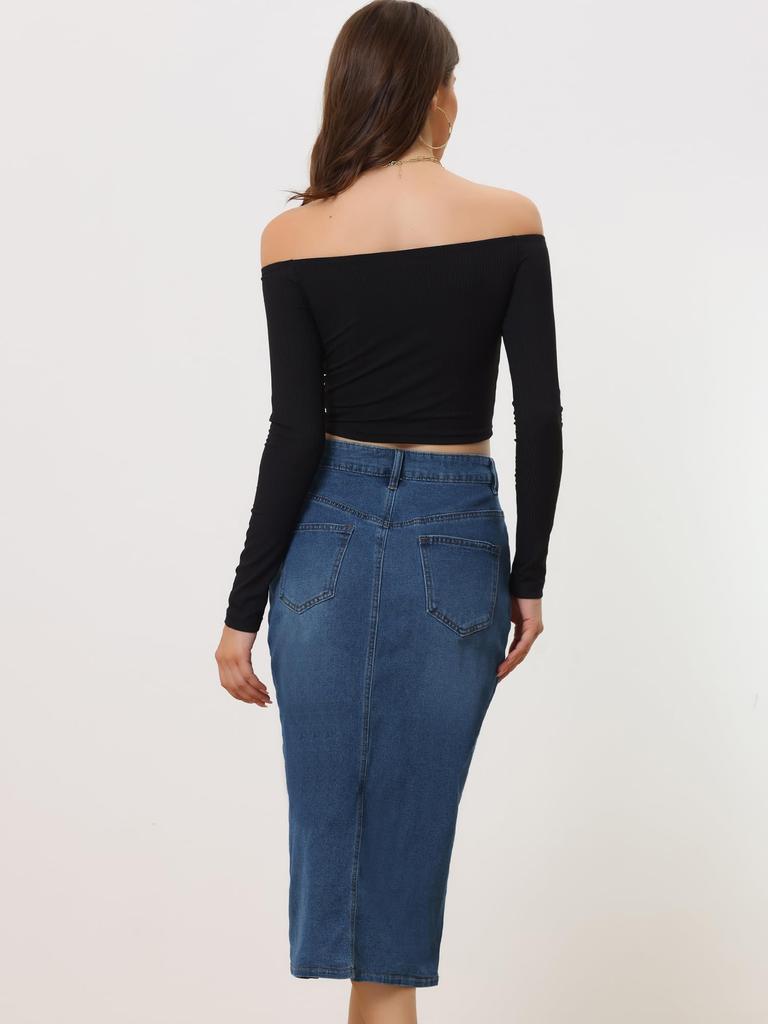 Allegra K Lässiger Denim-Jeansrock mit vorderer Größe XL Damen High-Waist Knielang Schlitz, Blau,