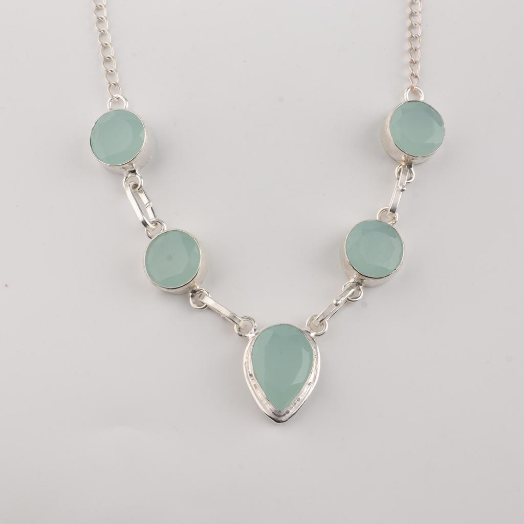 Aqua Chalcedony Gemstone 925 Sterling Silver Handcrafted Jewelry Designer Necklace 16-18" Gift RN-3-20