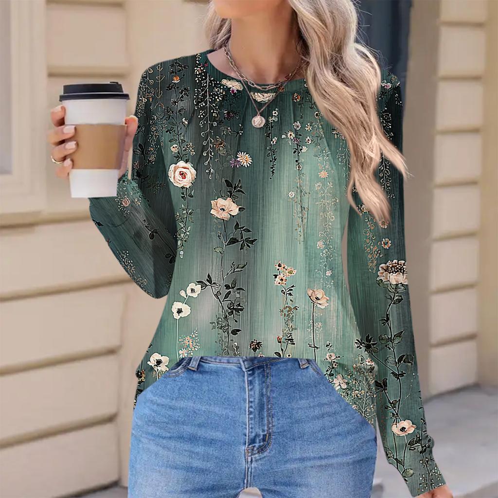 Women's Fashionable Casual Floral Retro Print Pleated Comfortable Round Neck Loose Long Sleeve T-shirt Top