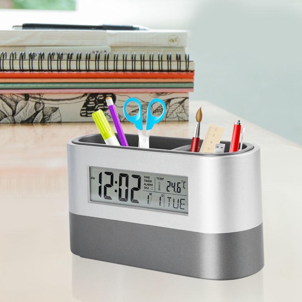 Innovative Pen Holder LCD Digital Electronic Clock with Perpetual Calendar Temperature Display