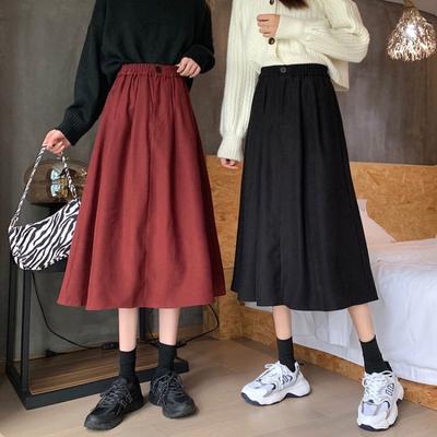 Kadın Sonbahar Kore Elastik Bel Dar Kesim Midi A Kesim Etek Vintage Yüksek Bel Kırmızı Etekler