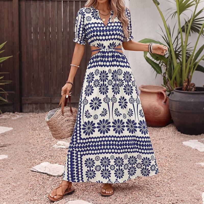 

Summer Vacation Style Dress - V-neck Short-sleeved Long Dress with A Slit At The Waist and A Tie At The Neckline for Women XL темно-синього кольору