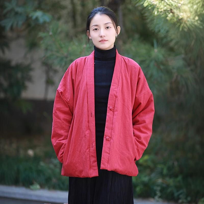 Johnature Women Vintage V-Neck Long Sleeve Winter Coats Solid Color Loose Warm Women Button Coats