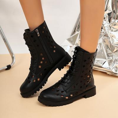 Fashion Spring New Cool Boots Women's Round Head Hollow Front Lacing Side Zipper Soft Sole Anti-slip Wear-resistant Low Heel Shoes