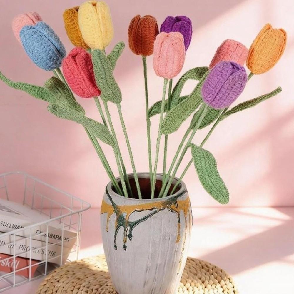 Crochet Flowers Knitted Tulips Flower Creative Finished Fake Flower Plants  Desktop Ornament