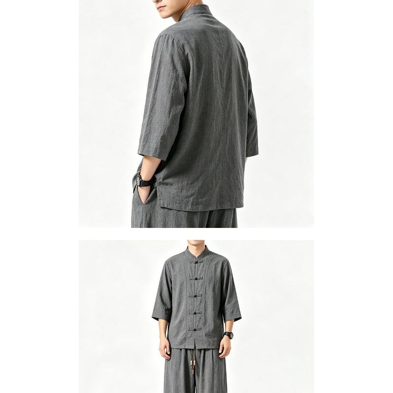 Men Chinese Style Retro Stand Collar Shirt And Pants Casual Two Piece Set