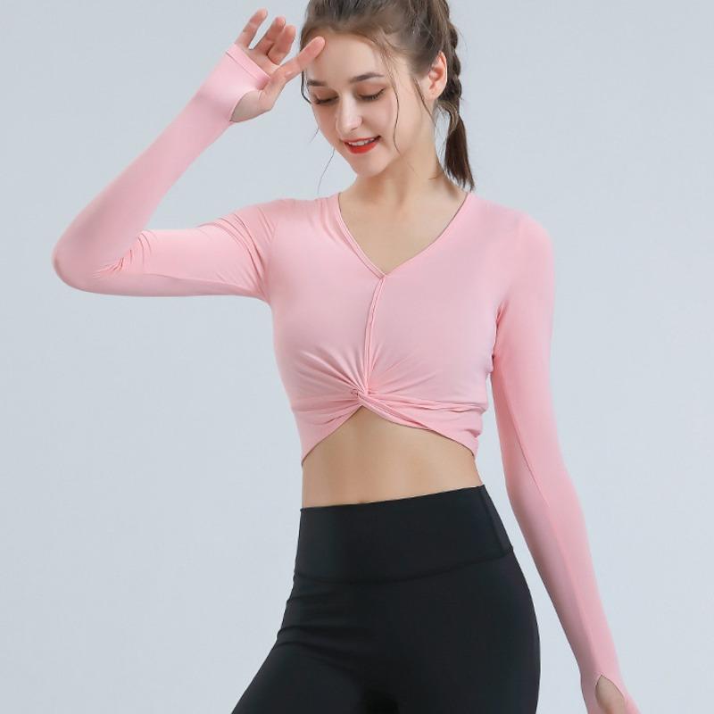 Nya Yogakläder Dam V-ringning Långärmad Tight Fitness Sporttoppar Vår och Höst Tunn Modell Löpning Snabbtorkande Kläder