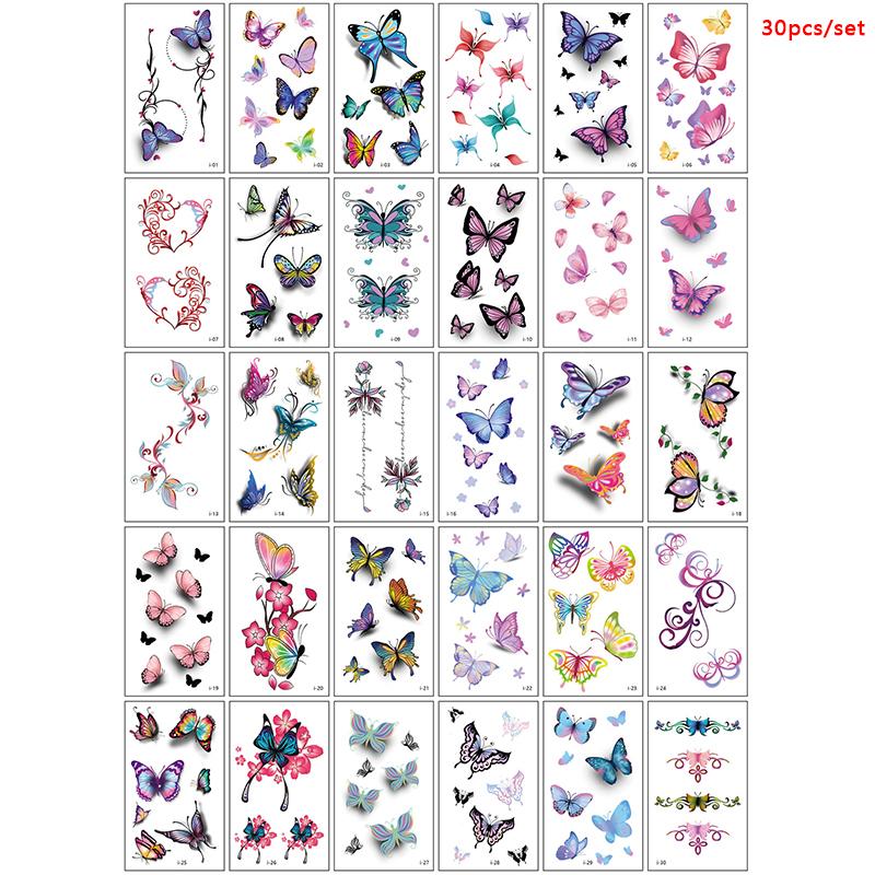 

30 листов 3D бабочка цветок английский узор временная татуировка наклейка, маленький размер тело рука плечо запястье поддельные татуировки наклейка