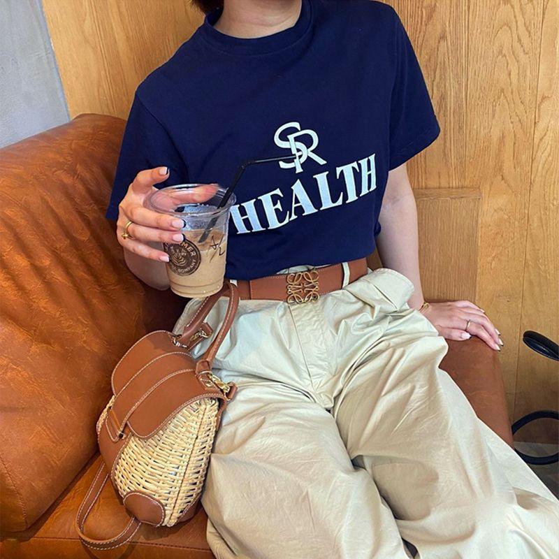 SR Letter Sign Niche Style American Retro Sports Style Pure Cotton Navy Blue Letter Print Short-Sleeve T-shirt for Women