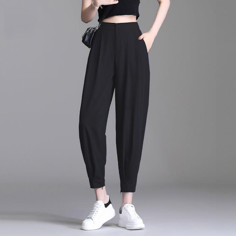 

Women s High Waist Black Ice Silk Harem Pants - Spring/Summer, Cropped, Loose, Casual, Slimming Fit S (85-95 jin)