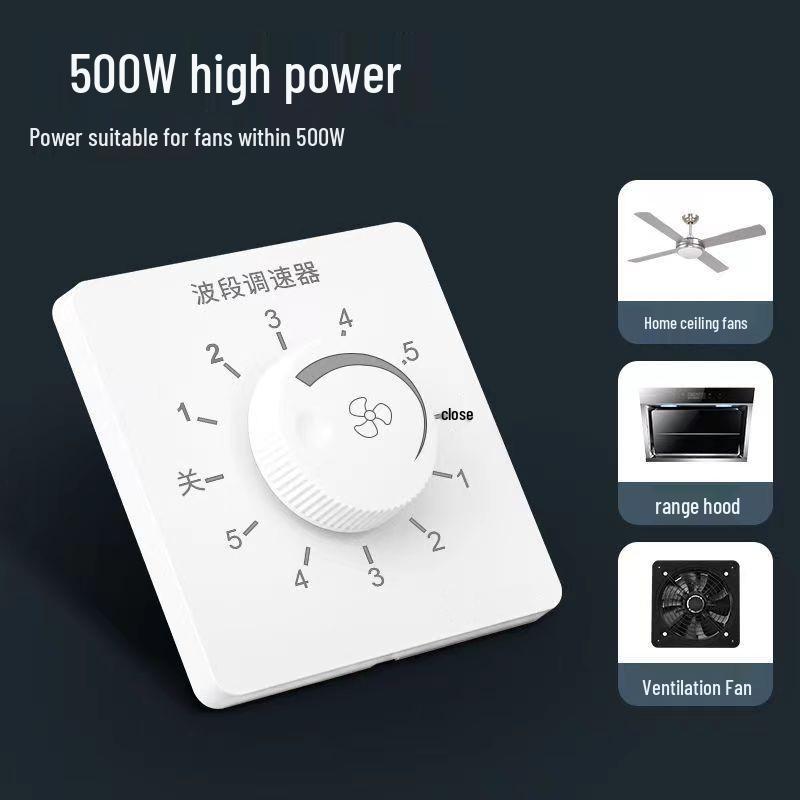 

Тип 86 Пятискоростной Встраиваемый Контроллер Потолочного Вентилятора для Дома 500W Band Speed Control White