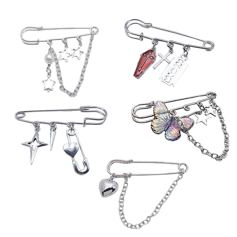Gothic Brooch Cross /Blade/Five-Pointed Star /heart Paper Clip Lapel Pin Brooch Fashion Sneaker Badge Shirt Collar Accessory
