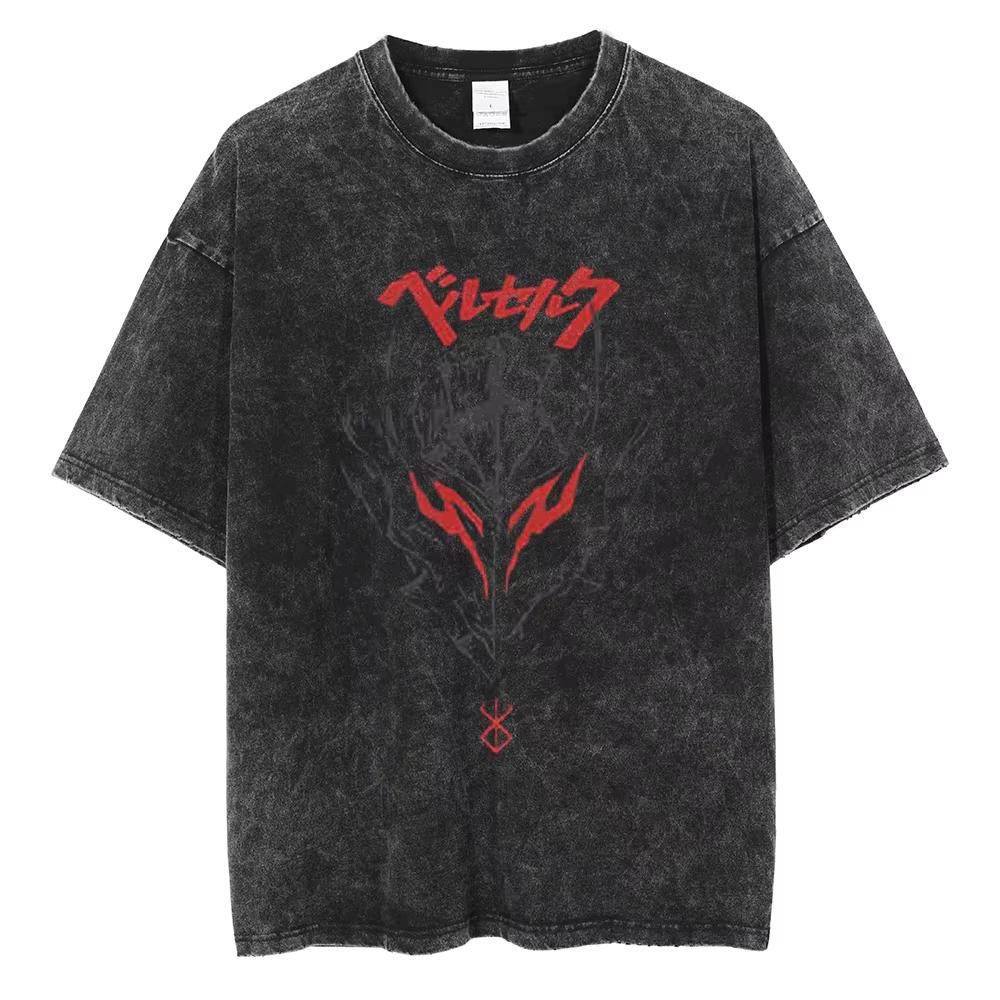 Berserk Anime Guts Charakter Vintage Gewaschenes Baumwoll-T-Shirt Retro Manga Grafik Sommer Kurzarm Locker Geschnittene Oberteile Für Männer Frauen Tägliche Freizeitkleidung