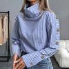 Women's Long Sleeve High Neck Shirt Blue White Stripes Gold Buttons Casual Blouse