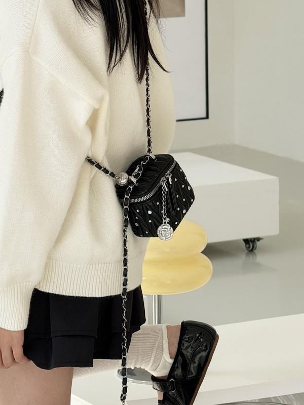 Mini kwadratowa torebka na łańcuszku: Luksusowa czerwona torebka crossbody z haftem i cyrkoniami, wszechstronna dla kobiet i dzieci, styl koreański.