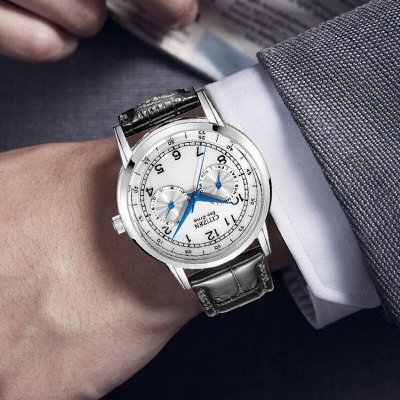 Citizen 30 Meters Water Resistant Eco-Drive Quartz Watch Leather Strap Men Watches White AO9000-06B