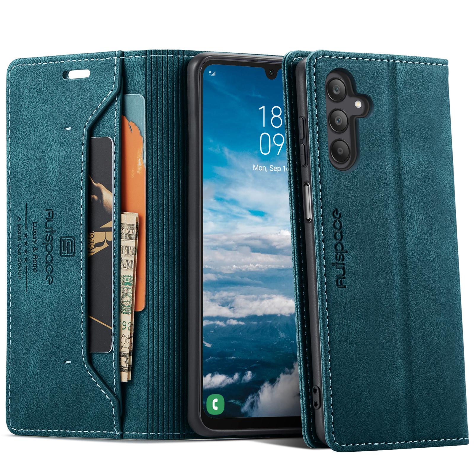 

Для Samsung Galaxy A25 5G (Глобальный) (161,0 х 76,5 х 8,3 мм) Кожаный чехол-кошелек AUTSPACE A01 с подставкой и держателем для карт с RFID-блокировкой Blue