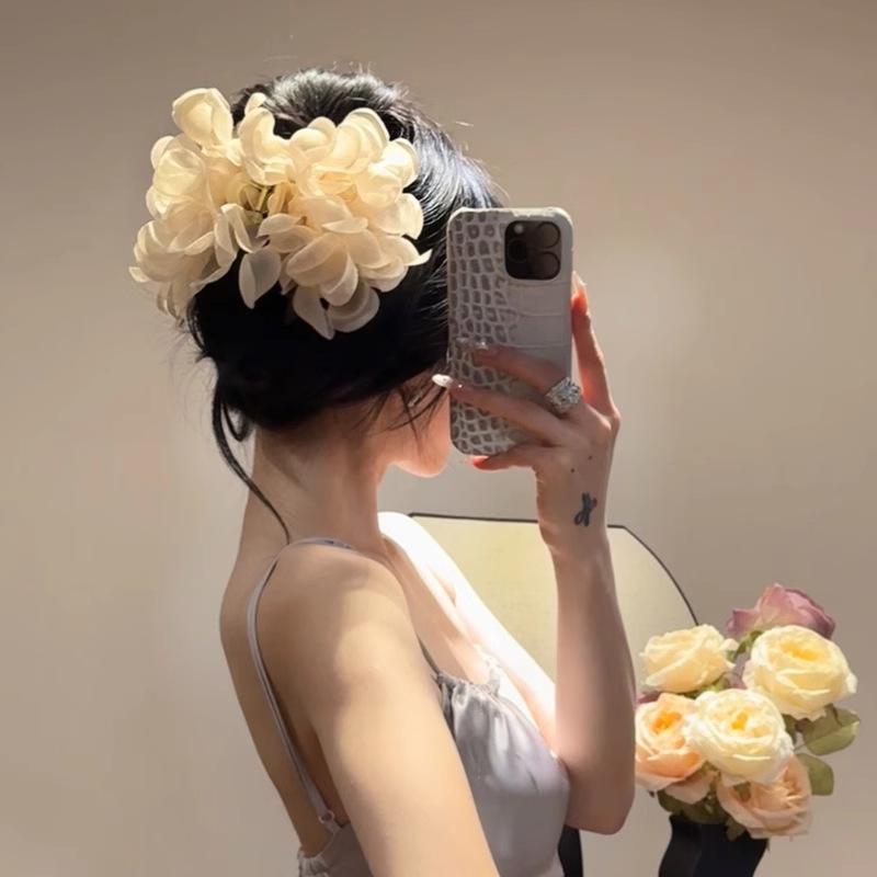 Early Spring Super Fairy Mesh Flower Hair Clip Elegant Pink At Back Of Head Large High-end Shark
