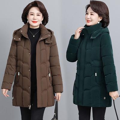 Verdickte Winterjacken für Damen aus Daunenbaumwolle, Parkas mit Kapuze, gesteppt, lange Taschen, Mantel für Damen mittleren Alters