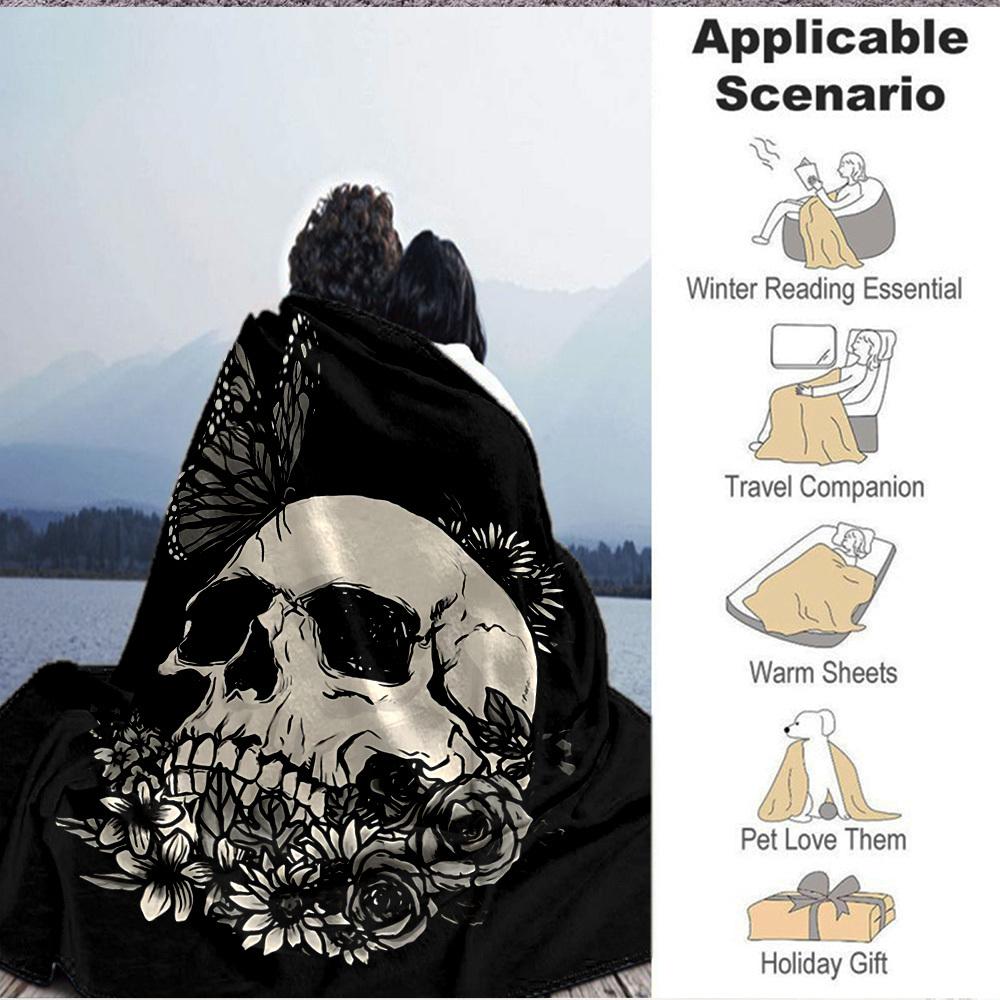 1pc Skull Flowers Lightweight Flannel Blanket, Comfortable and Warm Blanket, for Office and Camping Sofa Bed, Livingroom113