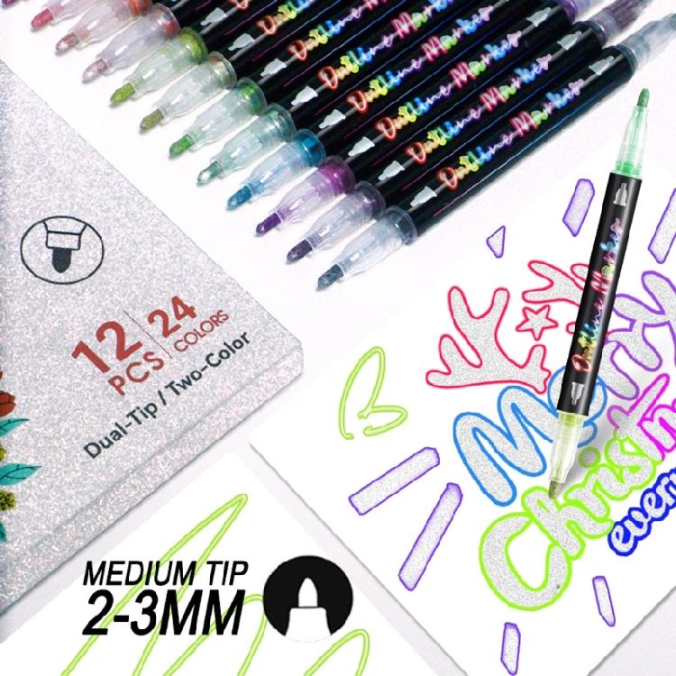 Outline Pen Set, 12Pcs Metallic Outline Marker Pens Gifts Card Writing Double Line Outline Pens Metallic Paint Markers