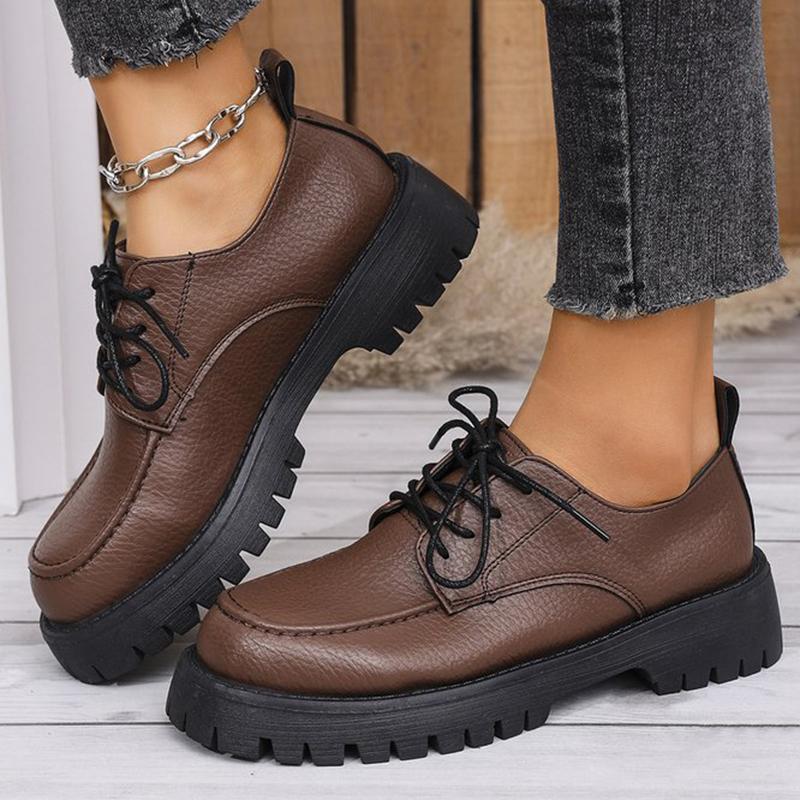 Fashion Black Brown Pu Leather Loafers Shoes for Women Plus Size Platform Casual Shoes Woman Classic Lace Up Wear Resistant Shoes Ladies