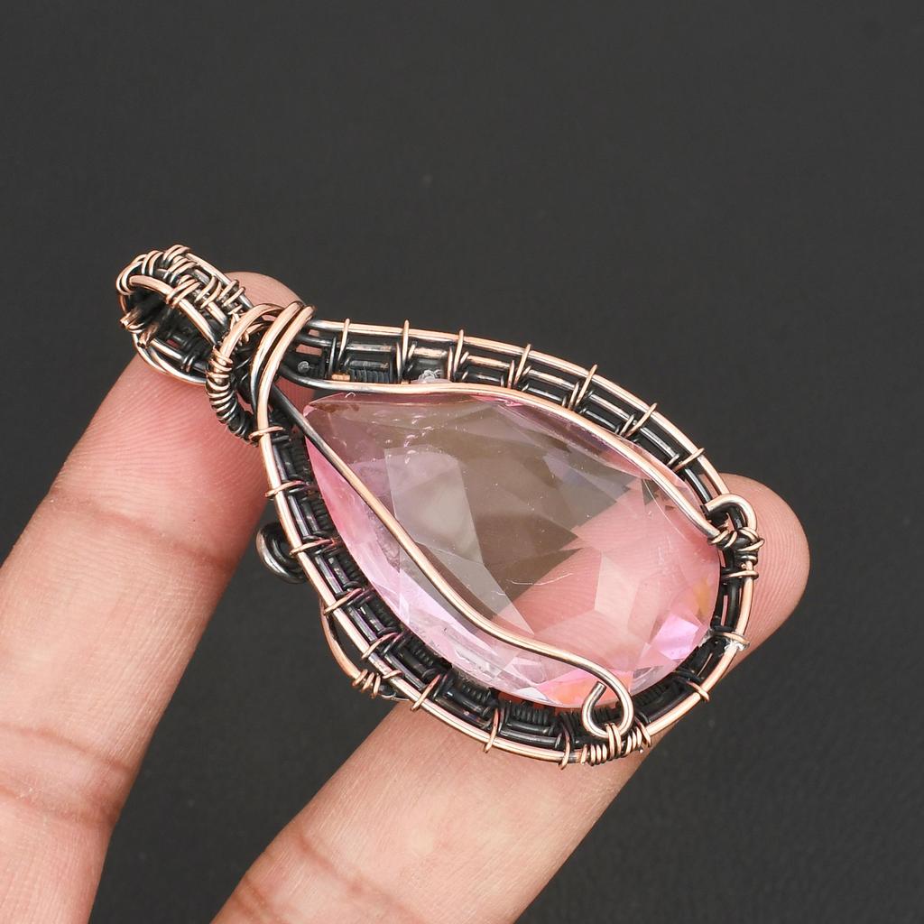 Exquisite Hand Woven Copper Tree of Life Style Pendant  Faceted Pink Topaz GemStone Pendant Charm Unique Anniversary Gift