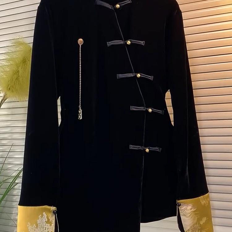 Großformatige Schwarze Stehkragen Froschknöpfe Bluse - Retro Stil Schlankmachendes Oberteil für Damen