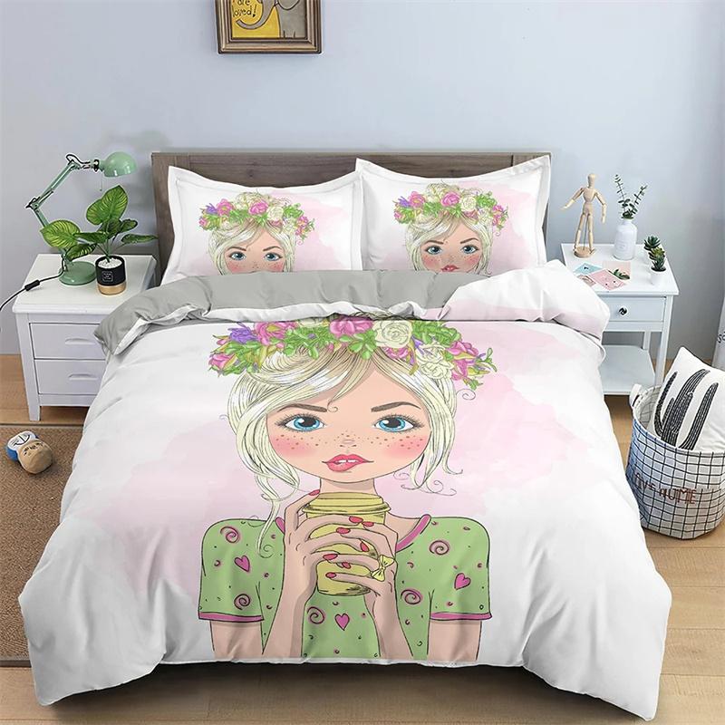 Cartoon Girls Duvet Cover Cute Lipstick Fashion Theme for Women Gifts for Bedroom Decorations with Pillowcase Queen King Size
