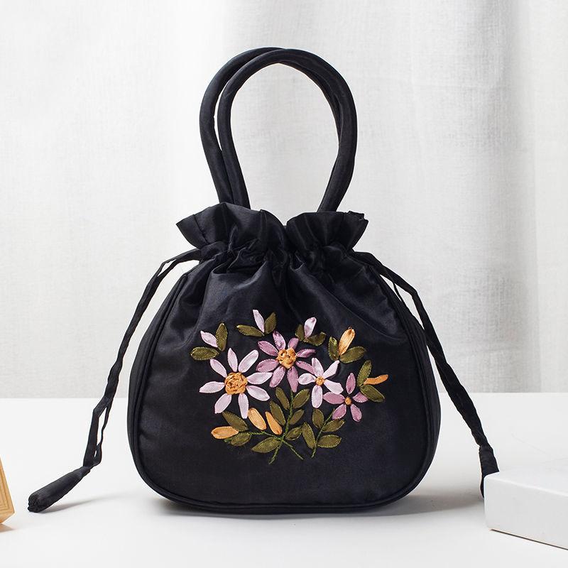 Retro Embroidery Drawstrings Handbags Storage Bags Women Purse Wallets Card Holder Bucket Shoulder Bag