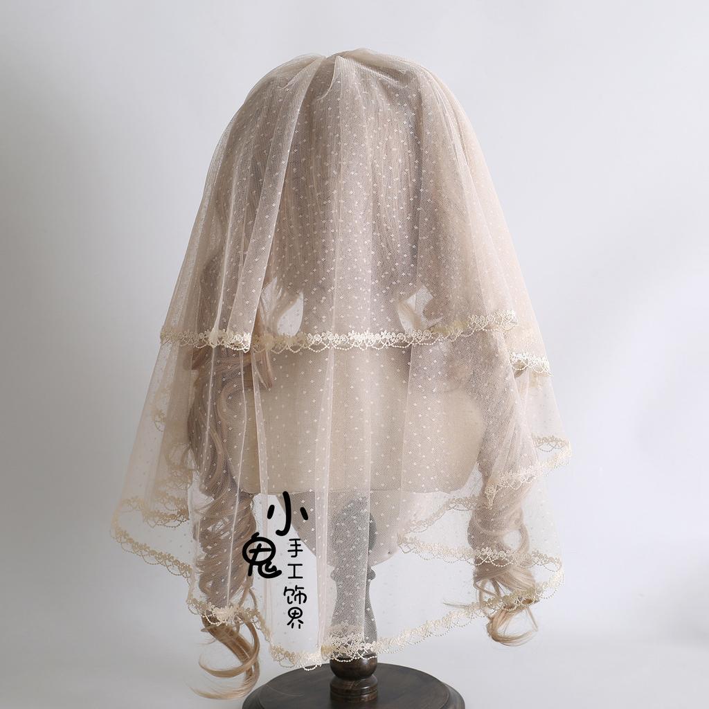 Original Handmade Lolita Hair Accessories Hairpin Flower Ball Bow Lace Champagne Headband Veil