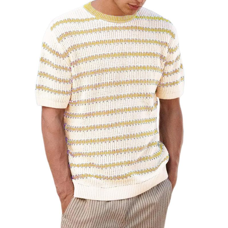 

Summer Vacation Style Men s Knit Sweater with Round Neck, Short Sleeves, Stripes, and Color Blocking 2XL хаки