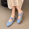 New Fashion Buckle Strap Pointed Toe Women Slippers Summer Shallow Square Low Heels Shoes Slide Mule Ladies Pumps