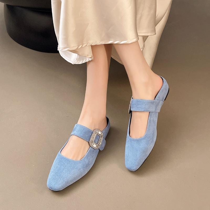 New Fashion Buckle Strap Pointed Toe Women Slippers Summer Shallow Square Low Heels Shoes Slide Mule Ladies Pumps