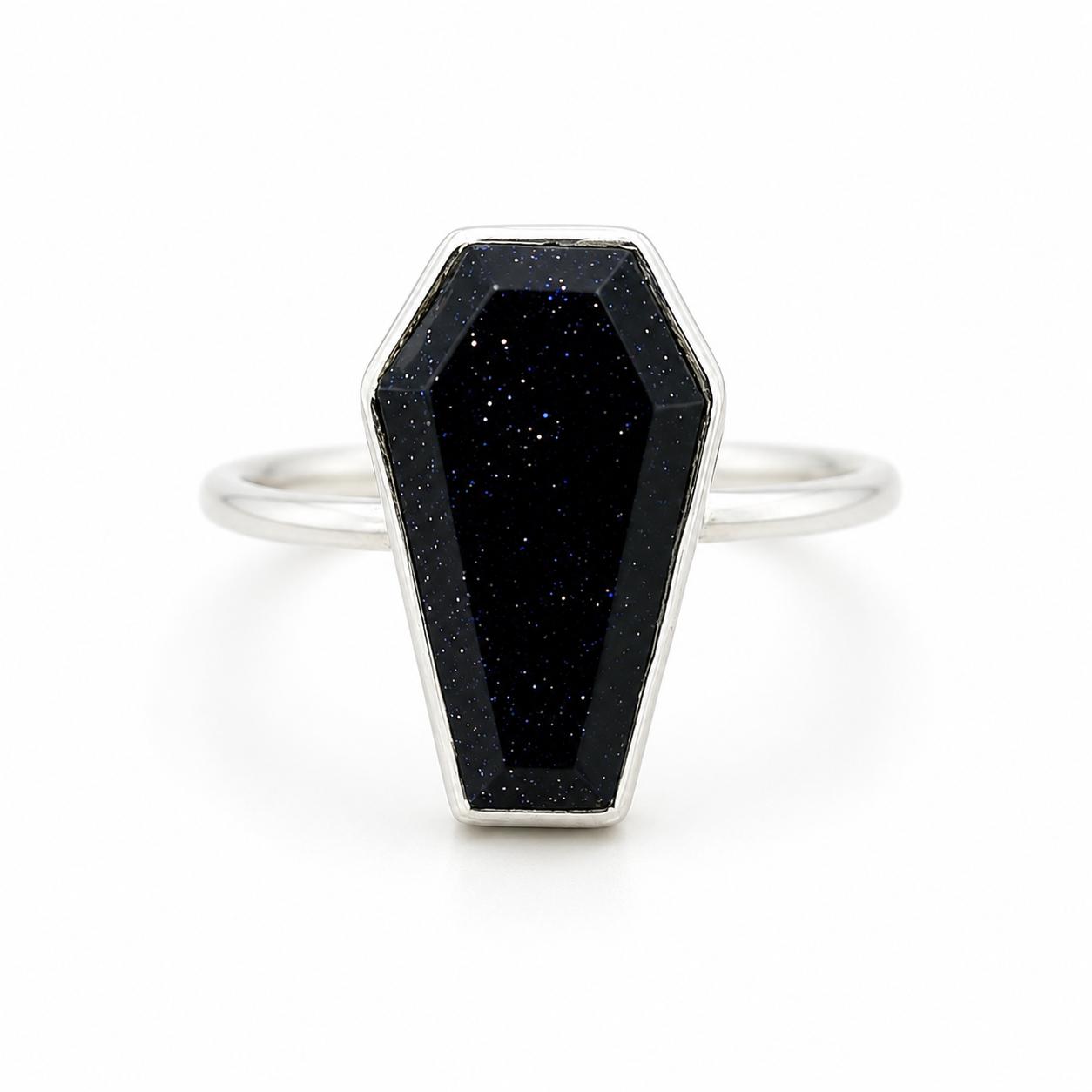 

Blue Goldstone Coffin Ring, 925 Sterling Silver Jewelry, Celestial Galaxy Gemstone Ring, Handmade Witchy Statement Ring 4 серебряный