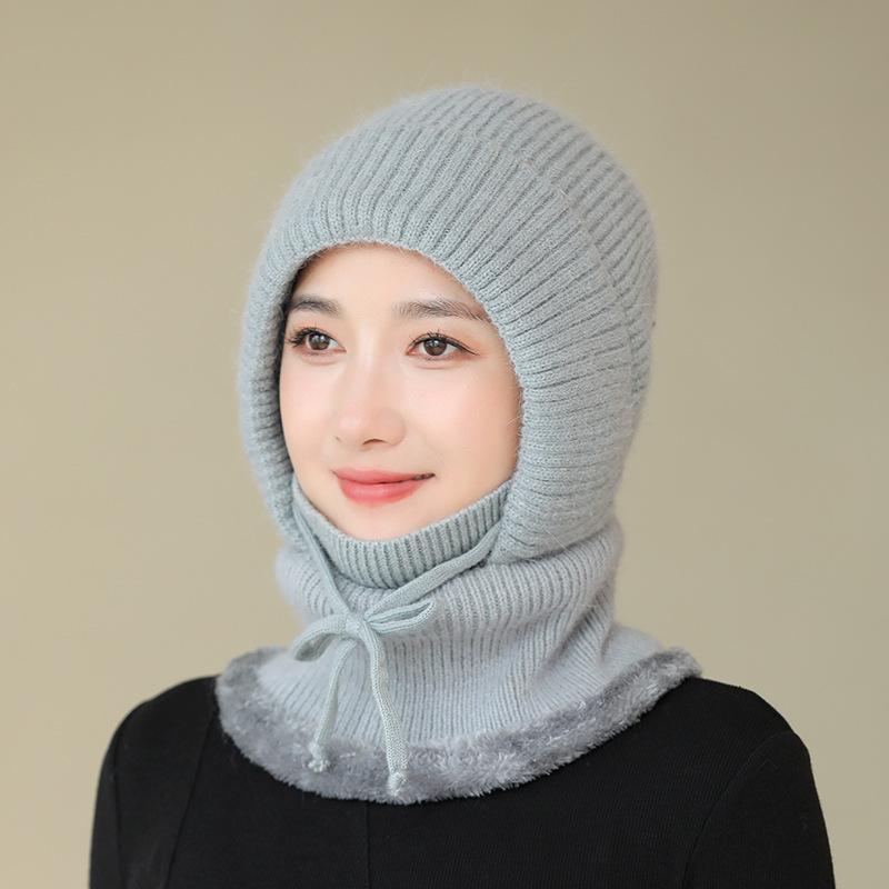 Rabbit Fur Hat Women's Winter Scarf Integrated Wool Cycling Ear Protection Piled Thickened Outdoor Pullover One-piece Hat
