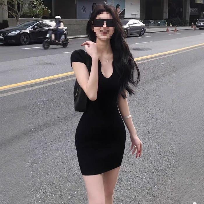 French pure desire style sexy low-neck buckle short-sleeved dress women's summer new slim and thin solid color hip-wrapped short skirt