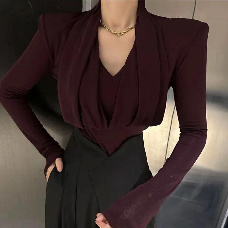 Halter Neck Versatile V-neck Long-sleeved T Shirt Women's Bottoming Shirt Spring Autumn Slim Western Style Top